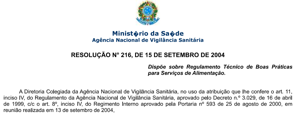 Resolução RDC nº 216, de 15 de setembro de 2004 — Anvisa